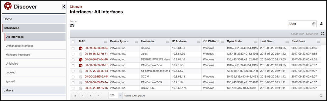 Screenshot of Tanium Discover interface showing network interfaces with MAC addresses and platform details