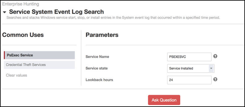 Screenshot of Service System Event Log Search interface with PsExec service parameters