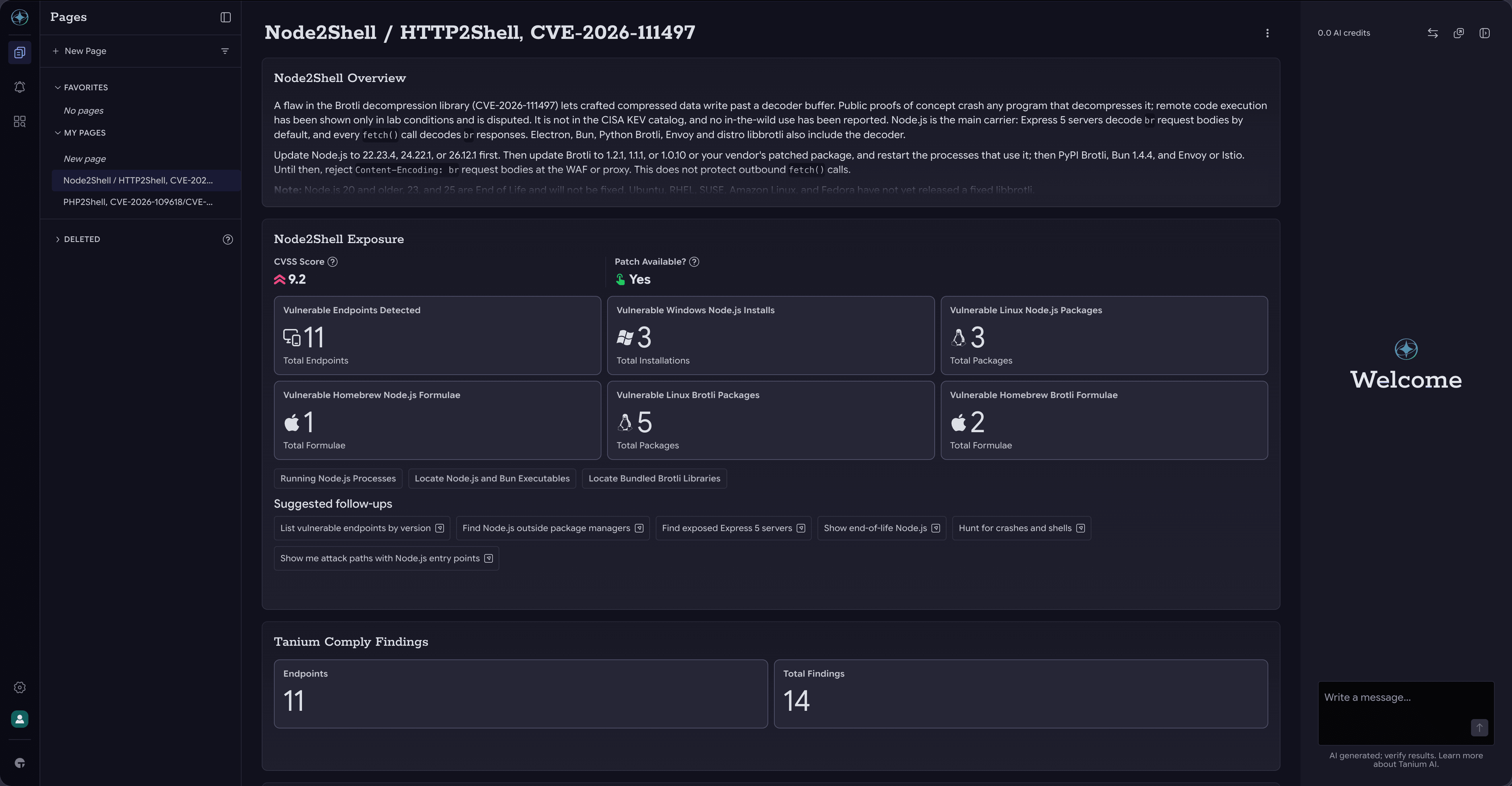 Tanium Atlas page for Node2Shell / HTTP2Shell (CVE-2026-111497) showing a CVSS score of 9.2, patch availability, and counts of vulnerable endpoints, Node.js installs and Brotli packages