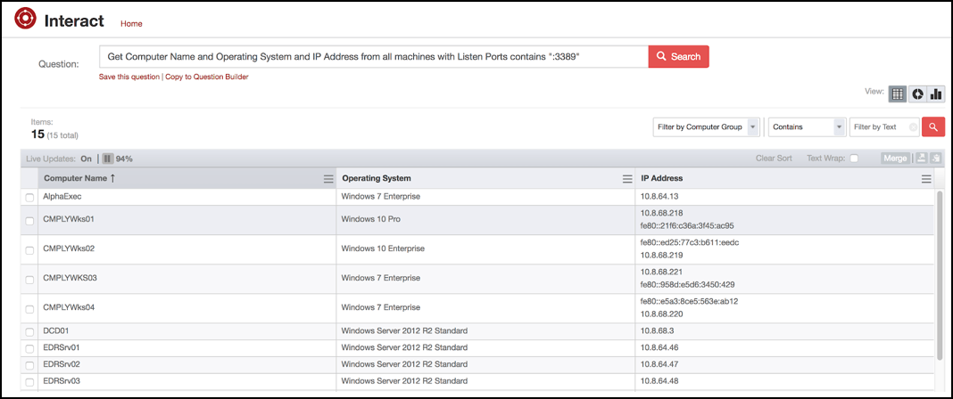 Screenshot of Tanium Interact query showing computer names, operating systems, and IP addresses