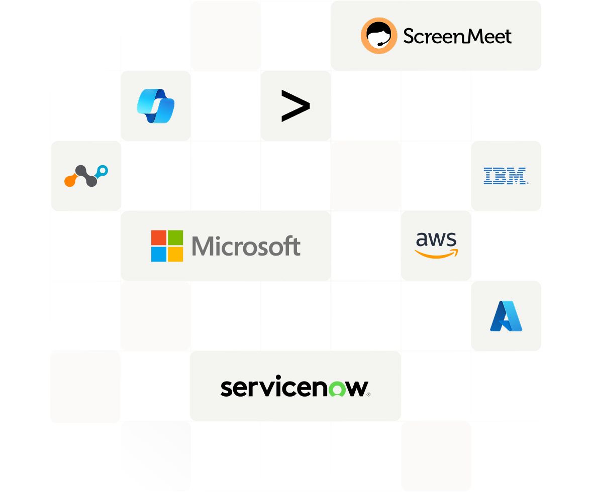 Grid of partner and integration logos including Microsoft, ServiceNow, AWS, IBM, Azure and ScreenMeet