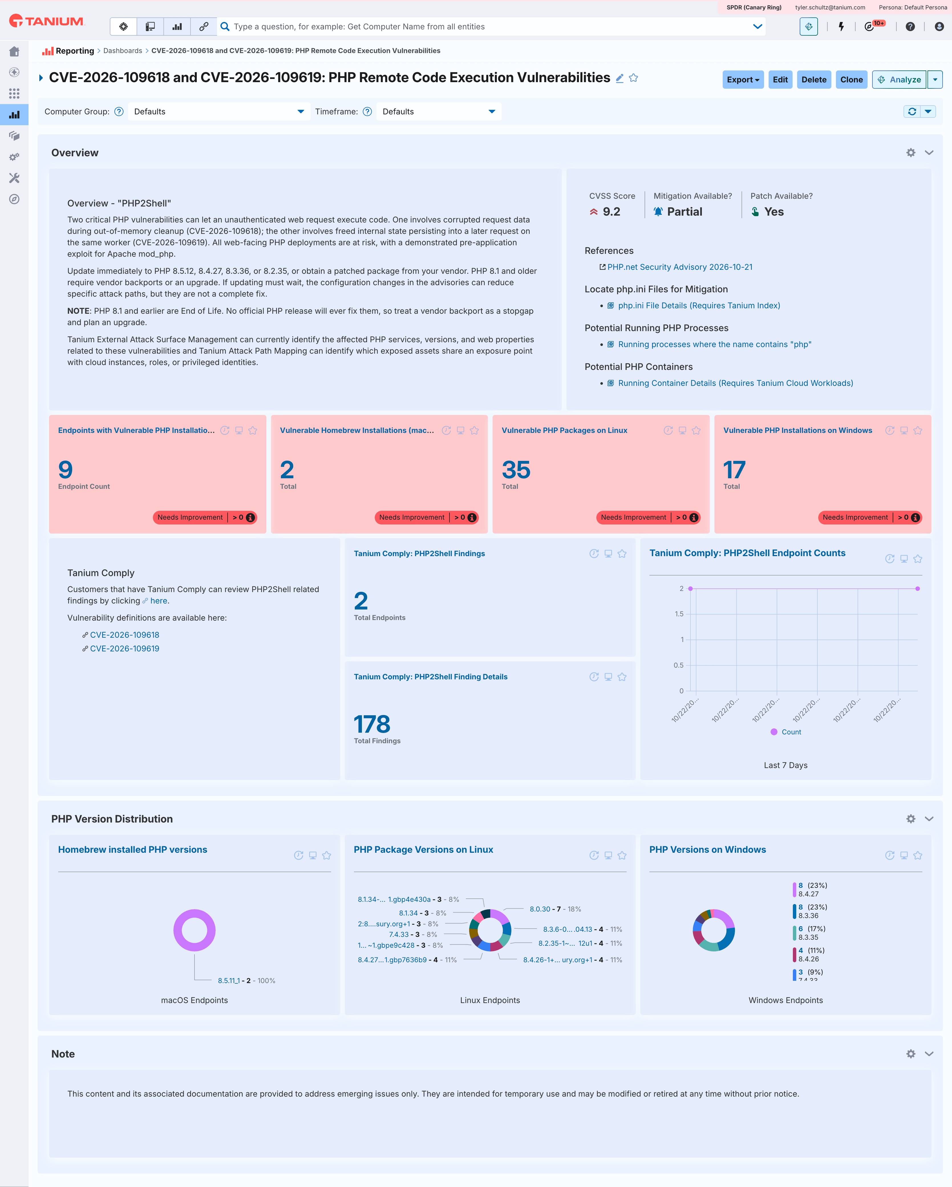 Tanium Reporting dashboard for CVE-2026-109618 and CVE-2026-109619 showing vulnerable PHP installations on macOS, Linux and Windows endpoints