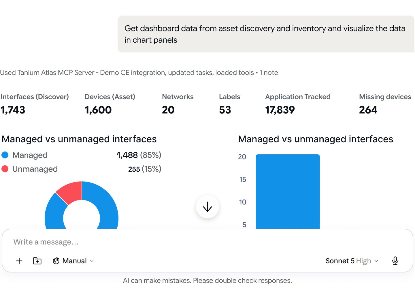 Tanium Atlas MCP Server chat interface showing asset discovery and inventory data visualized in chart panels