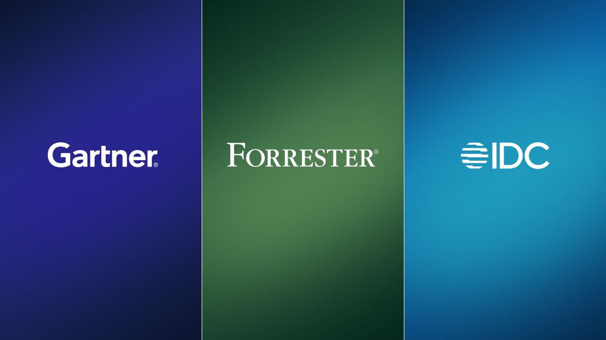 Forrester, Gartner and IDC analyst firm logos on gradient cards