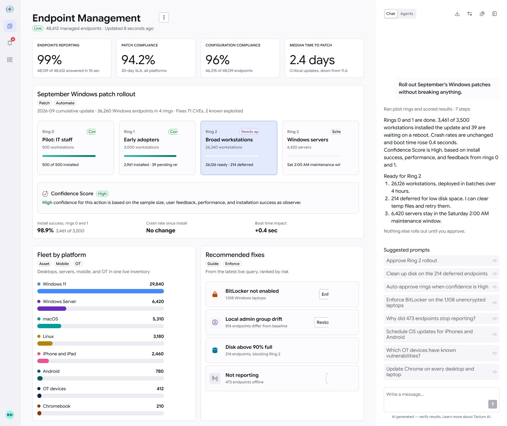 Tanium Endpoint Management dashboard showing endpoint types by OS, patching health and encryption status