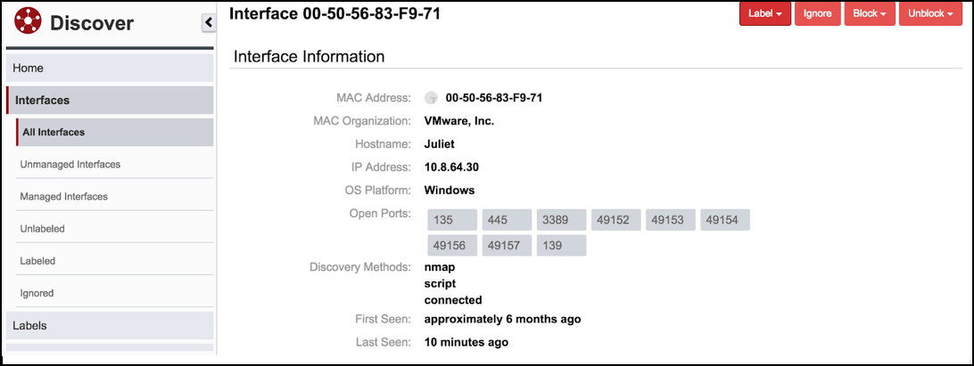 Screenshot of Tanium Discover showing detailed interface information including MAC address and open ports