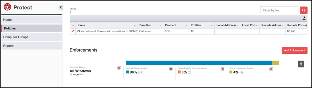 Screenshot of Tanium Protect showing firewall policy enforcement and connection security metrics