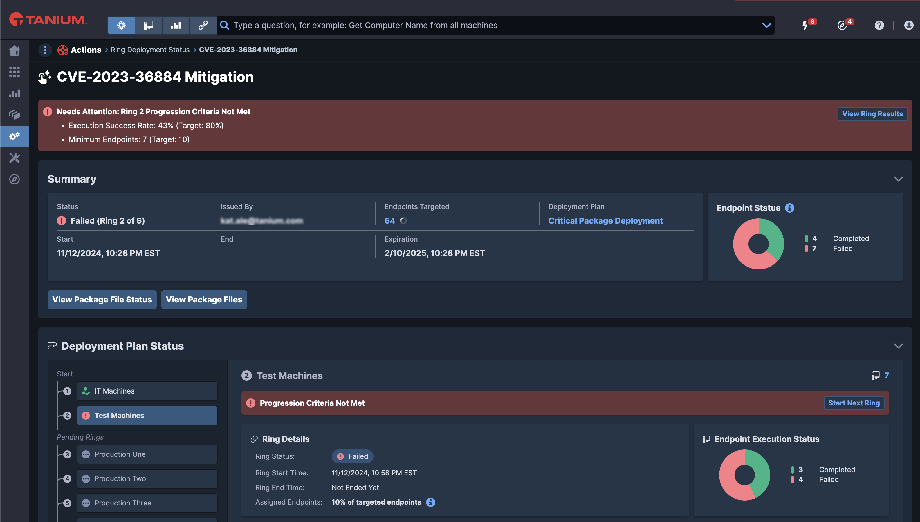 Screenshot of a Tanium Ring Deployment Status screen showing a process that needs attention