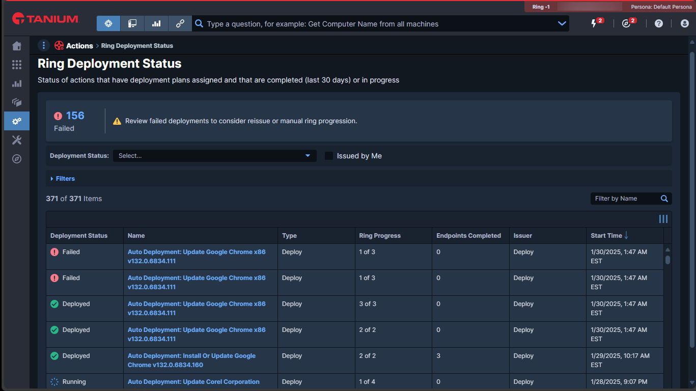 A screenshot of the Tanium Ring Deployment Status view, where operators can observe the real-time status of each action