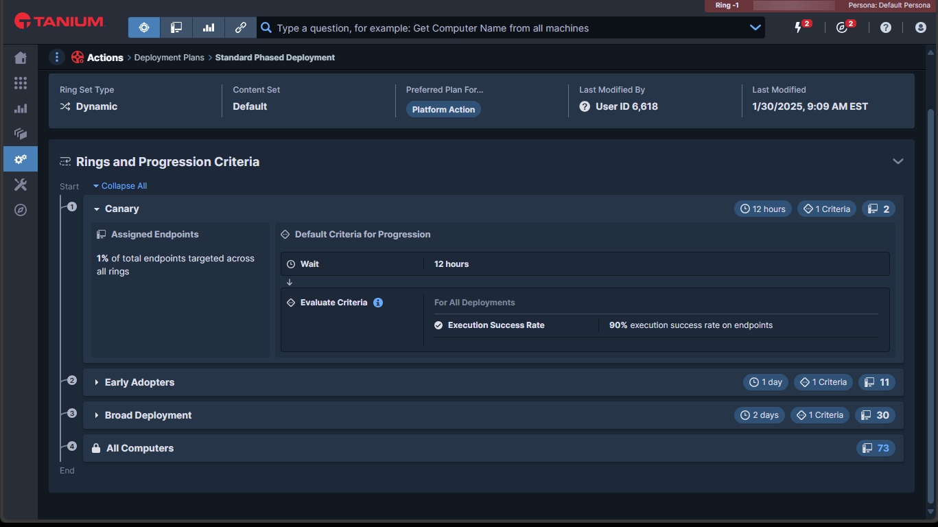 Screenshot of Tanium Deployment Plans. In this image, two of four rings are expanded to display predefined wait times and execution success rates. Success rate metrics can include details like memory and CPU usage and the minimum endpoints needed before advancing to the subsequent rings, which include a larger number of endpoints.