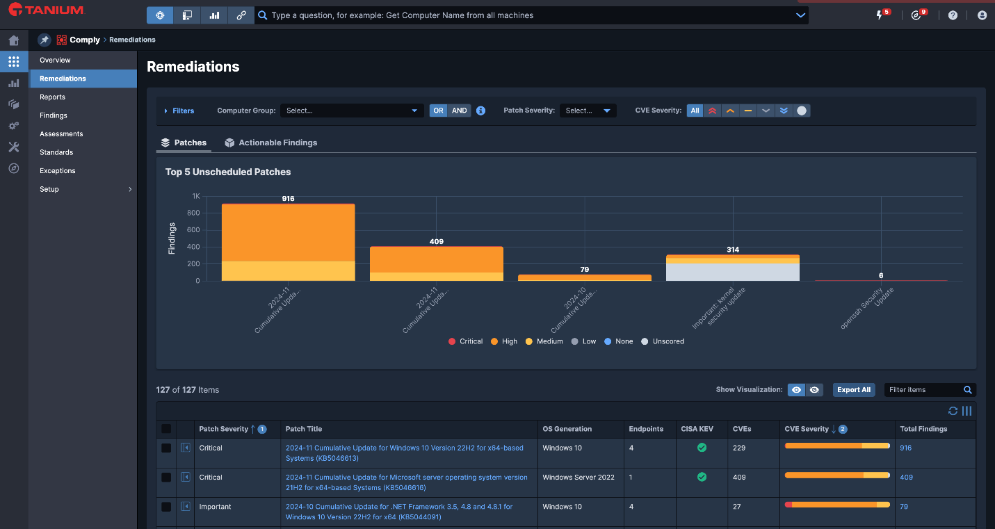 Product screenshot of Tanium Remediation Visibility