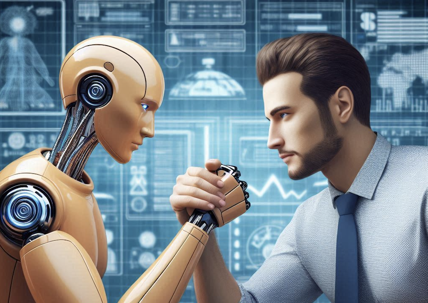 An image of a bearded white male office worker with his shirtsleeve rolled up arm-wrestling an AI android in an office.