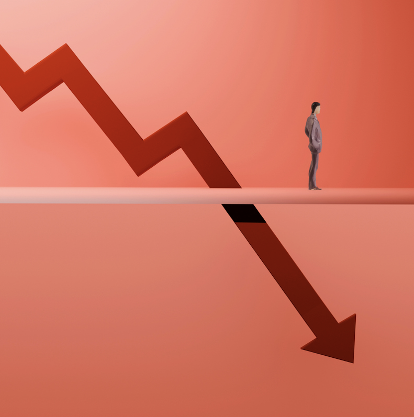 An illustration of a small human figure beside a red arrow zigzagging diagonally downward.