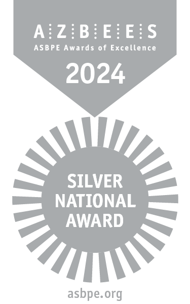 Image of a silver and white medal hanging from a ribbon that reads, Azbees 2024, Silver National Award