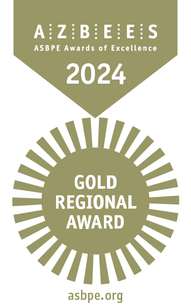 Image of a gold and white medal hanging from a ribbon that reads, Azbees 2024, Gold Regional Award