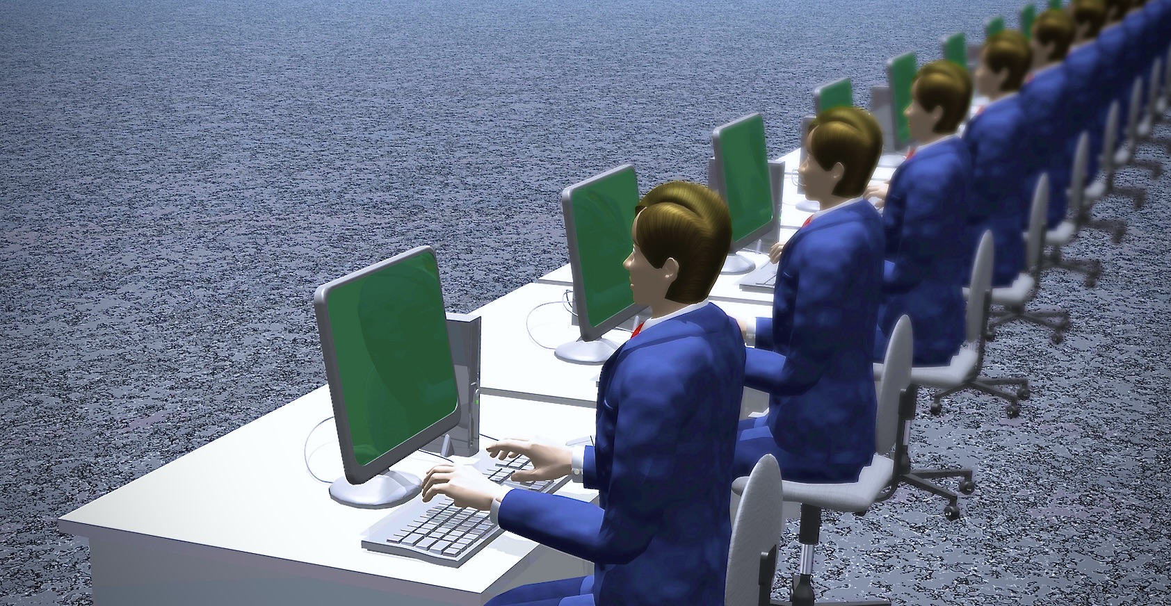 A computer-generated image of fake businessmen working at a row of desktop computers.