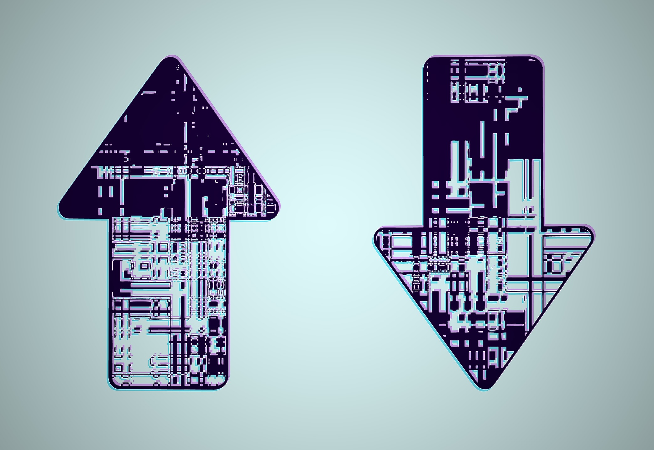 An image of an up and down arrow, side by side, made up of black and purple circuit boards.