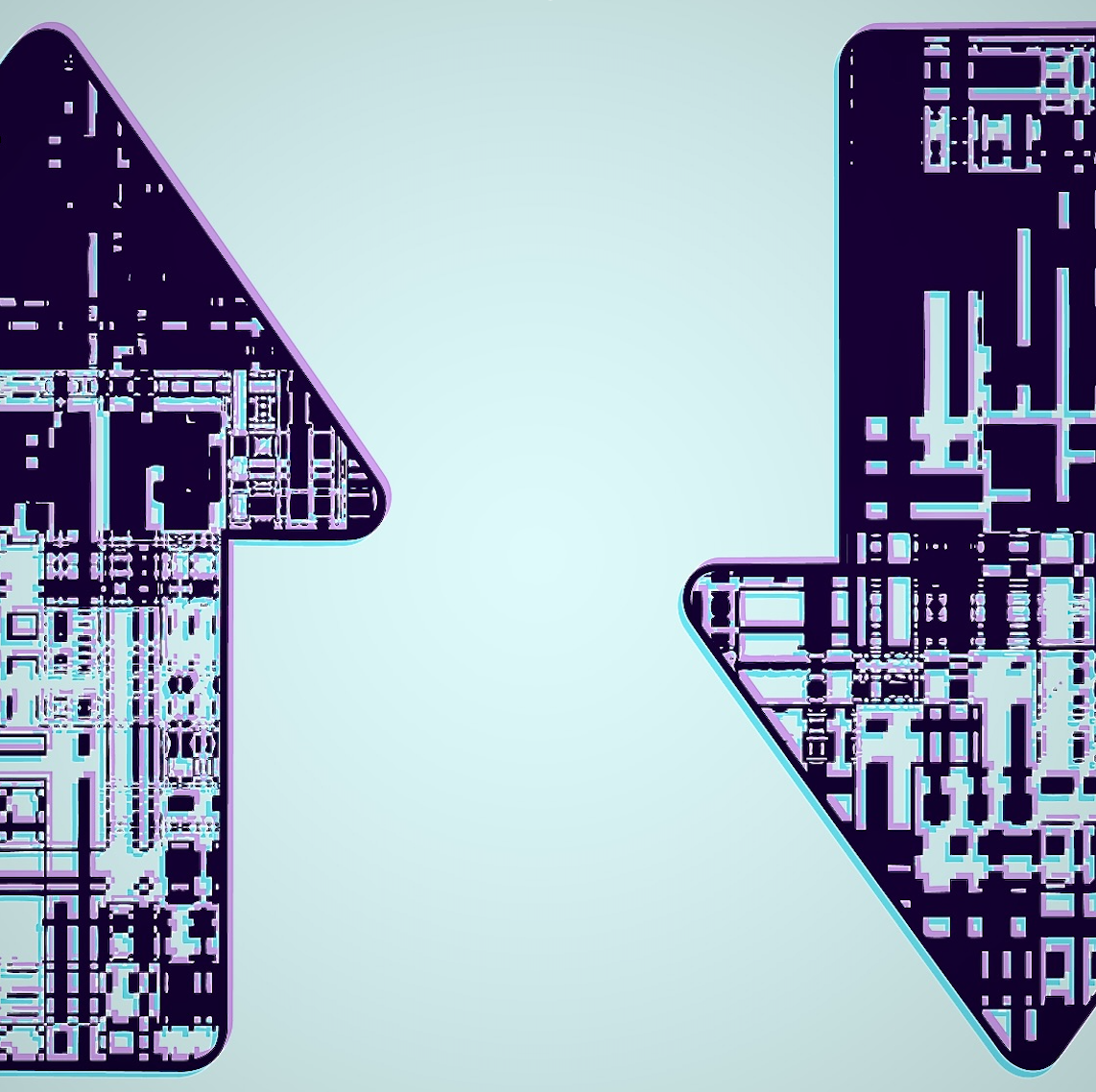 An image of an up and down arrow, side by side, made up of black and purple circuit boards.