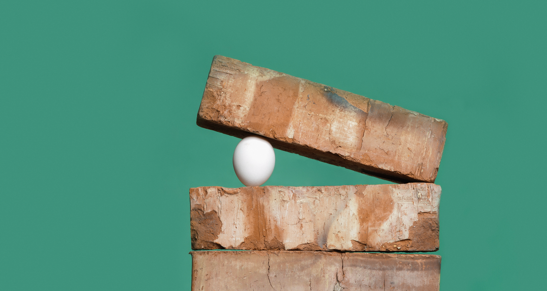An egg sits wedged between bricks against a green background.